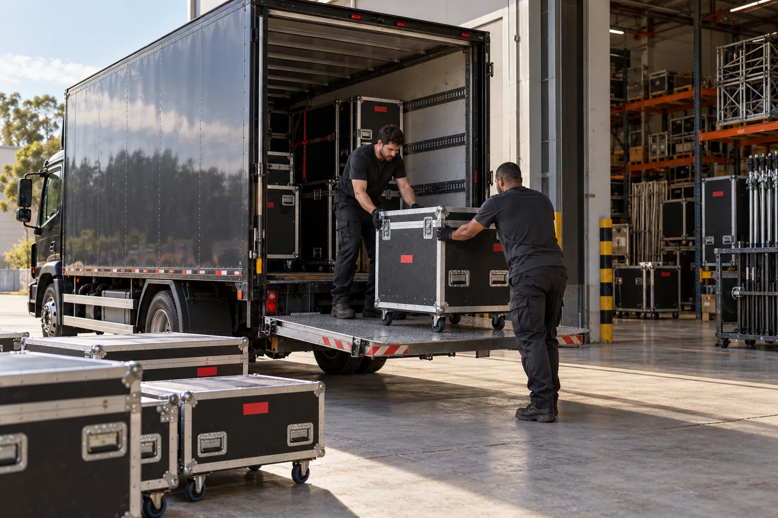 Imagem conceitual de transporte de equipamentos em caminhão e cases, não retrata a frota real